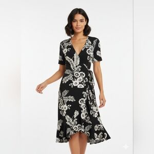Part‎ Two Women's M Floral Midi Black Wrap Dress Feminine Boho